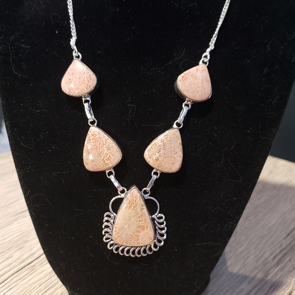 Handmade Natural Fossil Coral Multi Gemstone 925 Silver Necklace
